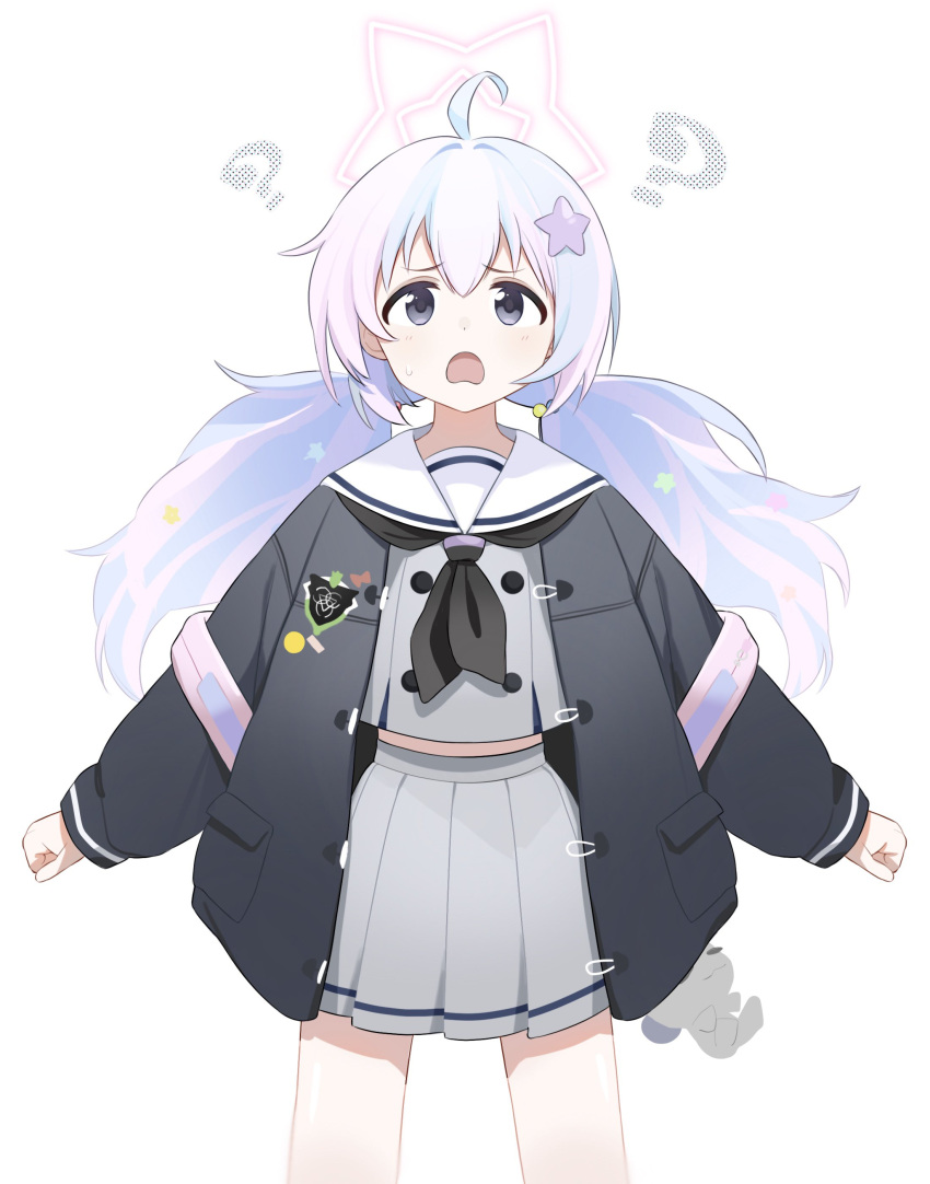 ?, absurdres, apaapazo, black_neckerchief, blue_archive, grey_eyes, grey_serafuku, hair_ornament, halo, highres, low_twintails, midriff, neckerchief, open_mouth, pleated_skirt, reisa_(blue_archive), sailor_collar, school_uniform, serafuku, skirt, star_(symbol), star_hair_ornament, star_halo, twintails, white_sailor_collar