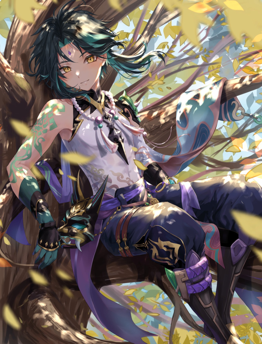 1boy, arm_tattoo, bangs, bead_necklace, beads, bishounen, branch, commentary_request
