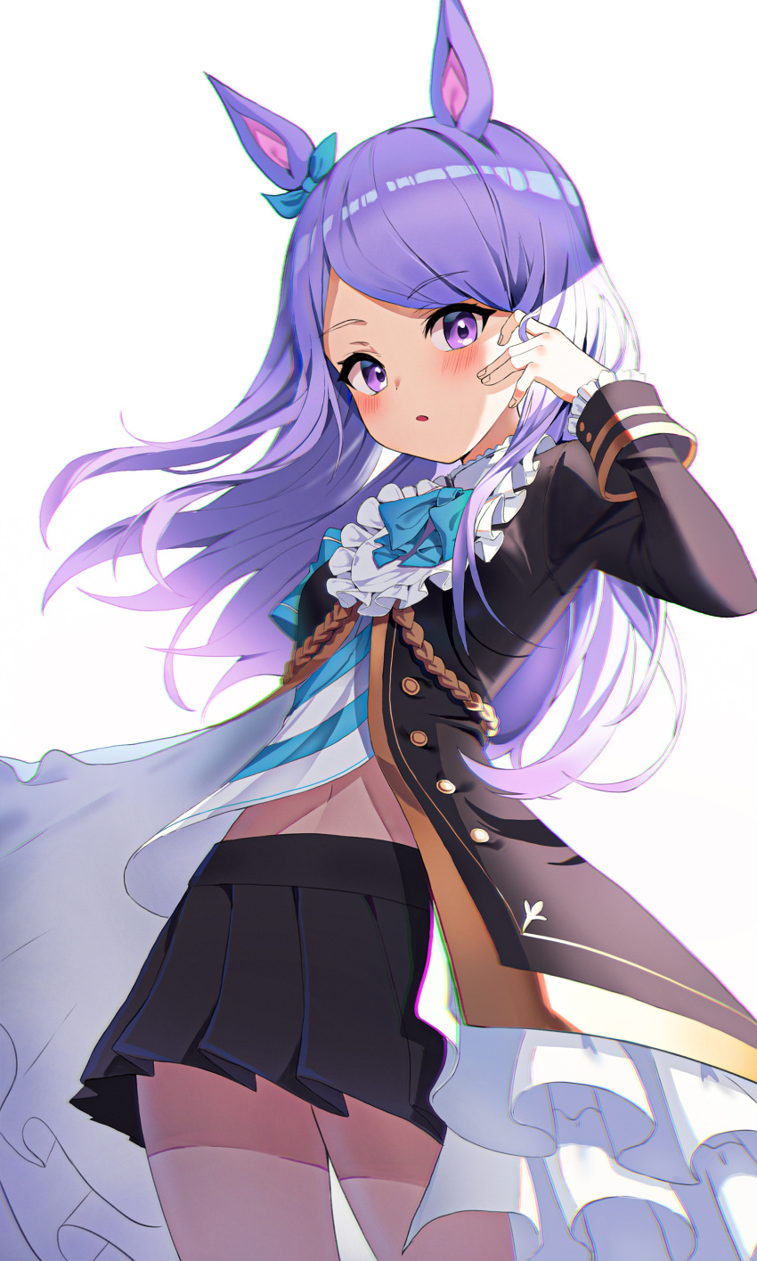 absurdres, animal_ears, bangs, black_skirt, blush, ear_bow, ear_ribbon, highres
