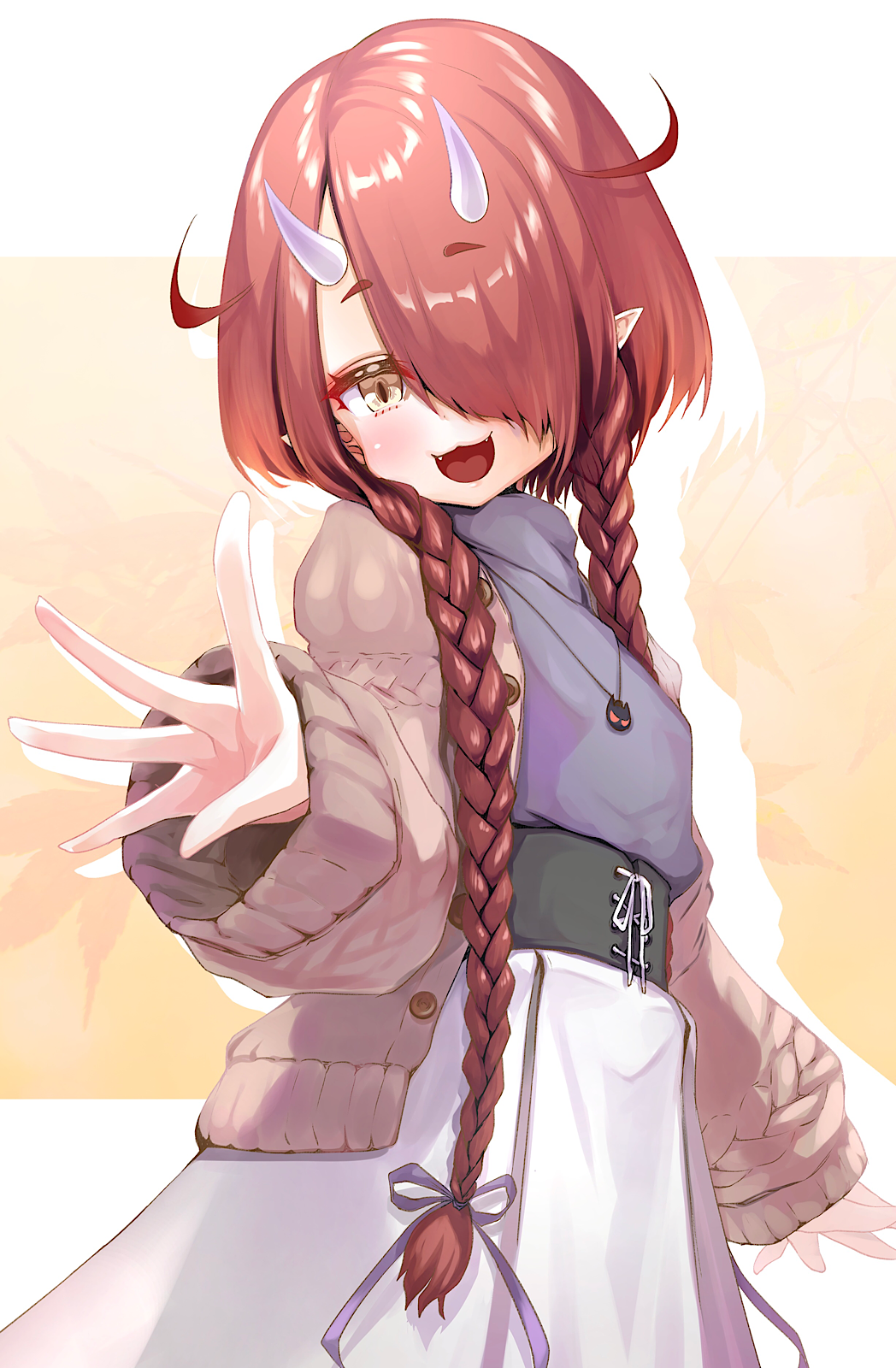 1girl, :d, aran_sweater, braid, brown_sweater, cardigan, fangs, grey_shirt, hair_over_one_eye, high-waist_skirt, highres, hoozuki_warabe, horns, jewelry, kajimakoto, long_hair, looking_at_viewer, low_twin_braids, necklace, noripro, oni_horns, open_mouth, paid_reward_available, pointy_ears, redhead, shirt, skirt, smile, solo, sweater, thick_eyebrows, turtleneck, twin_braids, virtual_youtuber, white_skirt, yellow_eyes