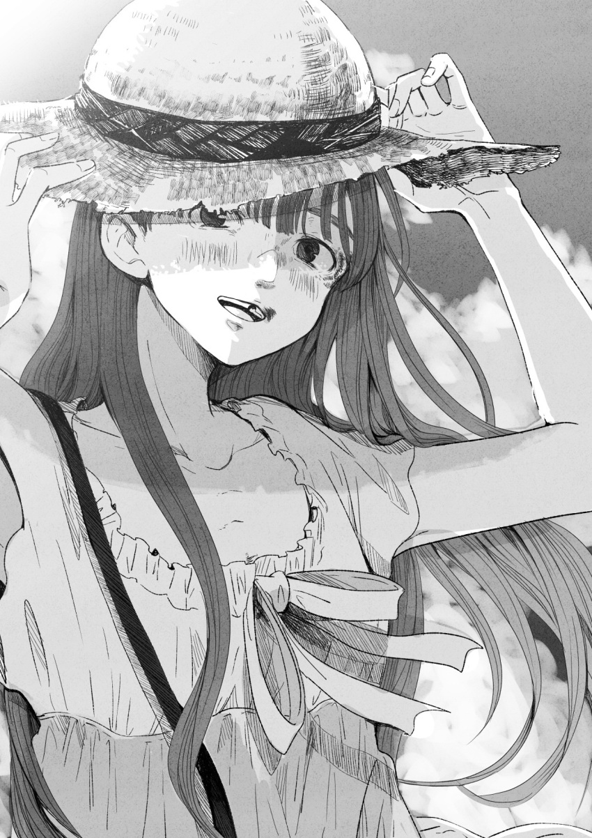 1girl, bangs, bruise, bruise_on_face, bruised_eye, clouds, dress, eyebrows_hidden_by_hair