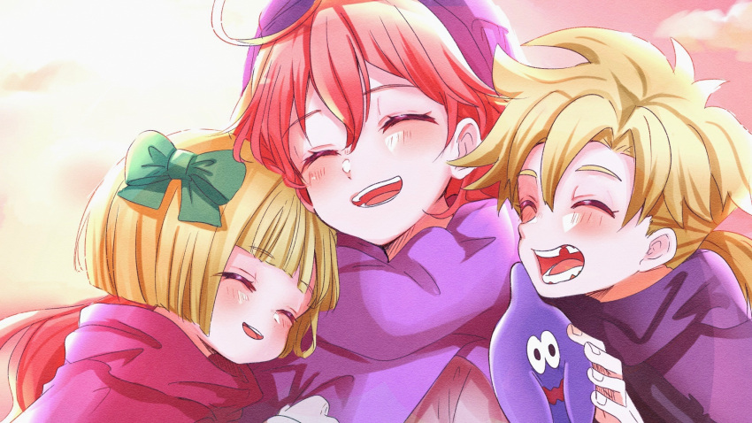 1boy, 2girls, ahoge, blonde_hair, bob_cut, bow, closed_eyes, cosplay