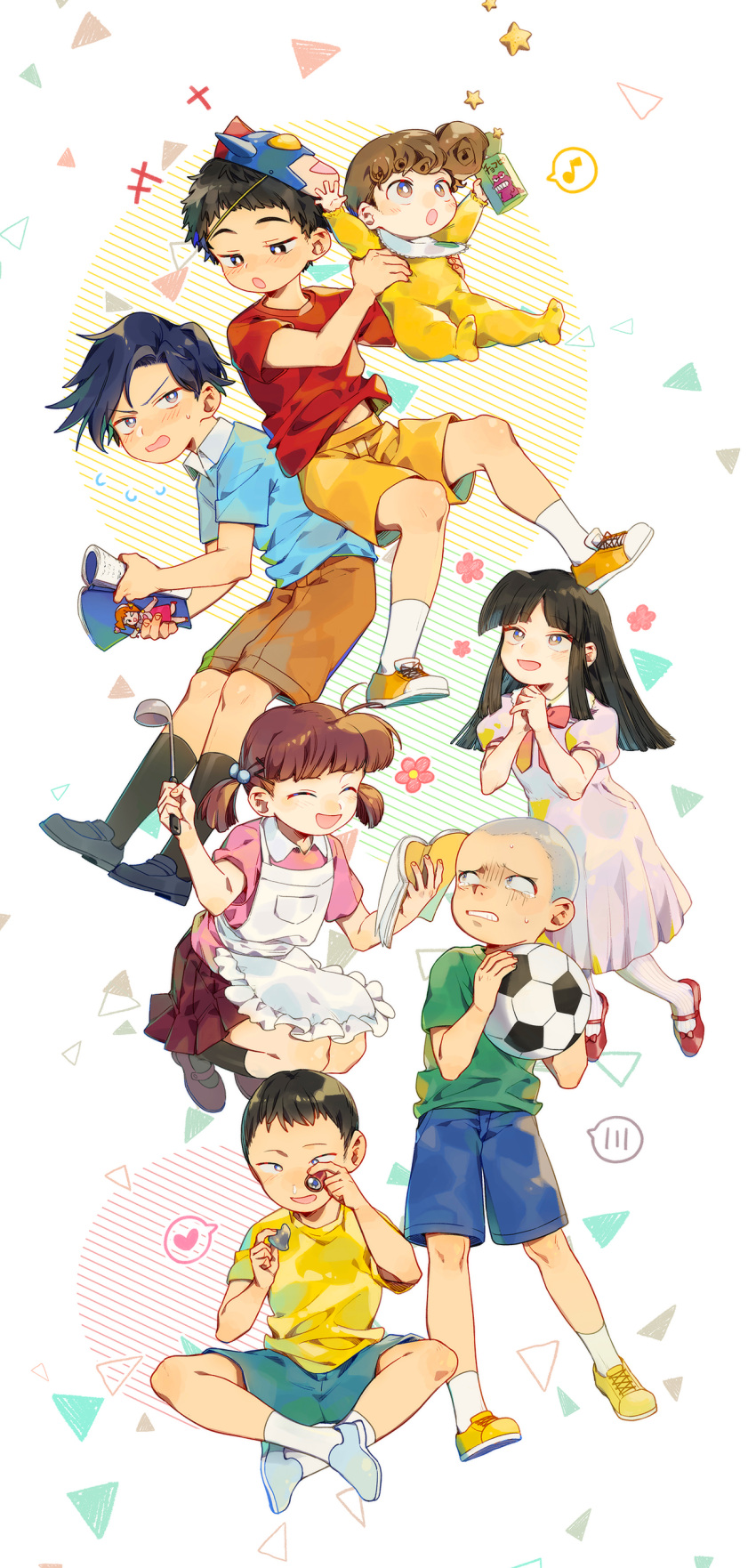 3girls, 4boys, absurdres, action_kamen, apron, baby, bald, ball, bangs, black_eyes, black_hair, blue_eyes, blue_hair, blue_shorts, blush, boo-chan, book, brother_and_sister, brown_hair, closed_eyes, closed_mouth, crayon_shin-chan, dress, female_child, green_shirt, heart, hi-fi_(fijazzy), highres, hime_cut, holding, holding_ball, holding_book, holding_ladle, kazama_tooru, ladle, low_twintails, male_child, mask, mask_on_head, multiple_boys, multiple_girls, neck_ribbon, nohara_himawari, nohara_shinnosuke, open_mouth, own_hands_clasped, own_hands_together, pink_dress, pink_ribbon, pleated_skirt, red_shirt, red_skirt, ribbon, sakurada_nene, satou_masao, shirt, shorts, siblings, sidelocks, skirt, soccer_ball, spoken_blush, spoken_heart, suotome_ai, sweatdrop, t-shirt, tearing_up, twintails, white_apron, wing_collar, yellow_shirt, yellow_shorts