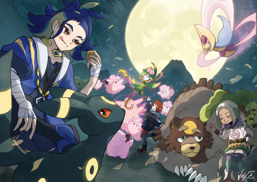 1boy, 2girls, :q, adaman_(pokemon), arezu_(pokemon), arm_up, black_footwear, blue_coat