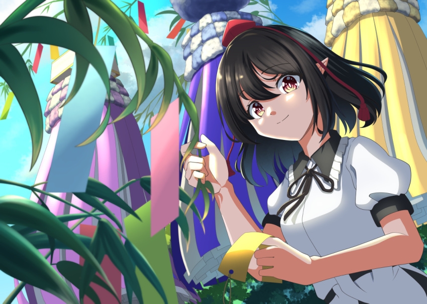 1girl, amanoyayuki, bangs, black_hair, black_ribbon, blue_sky, bright_pupils, closed_mouth