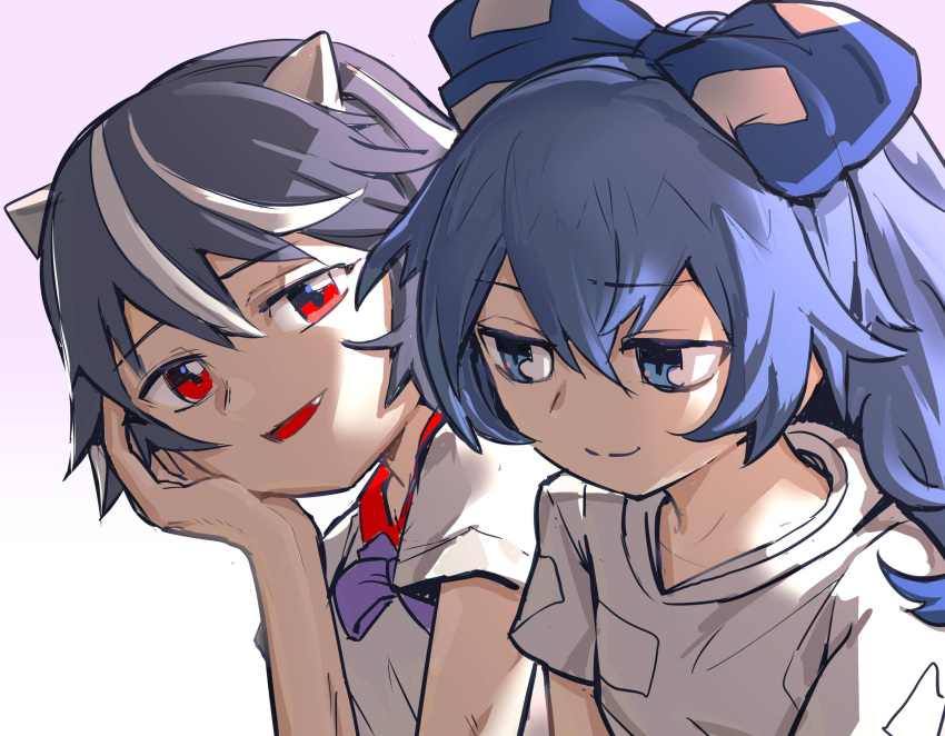 2girls, black_hair, blue_eyes, blue_hair, bow, closed_mouth, commentary_request, dress