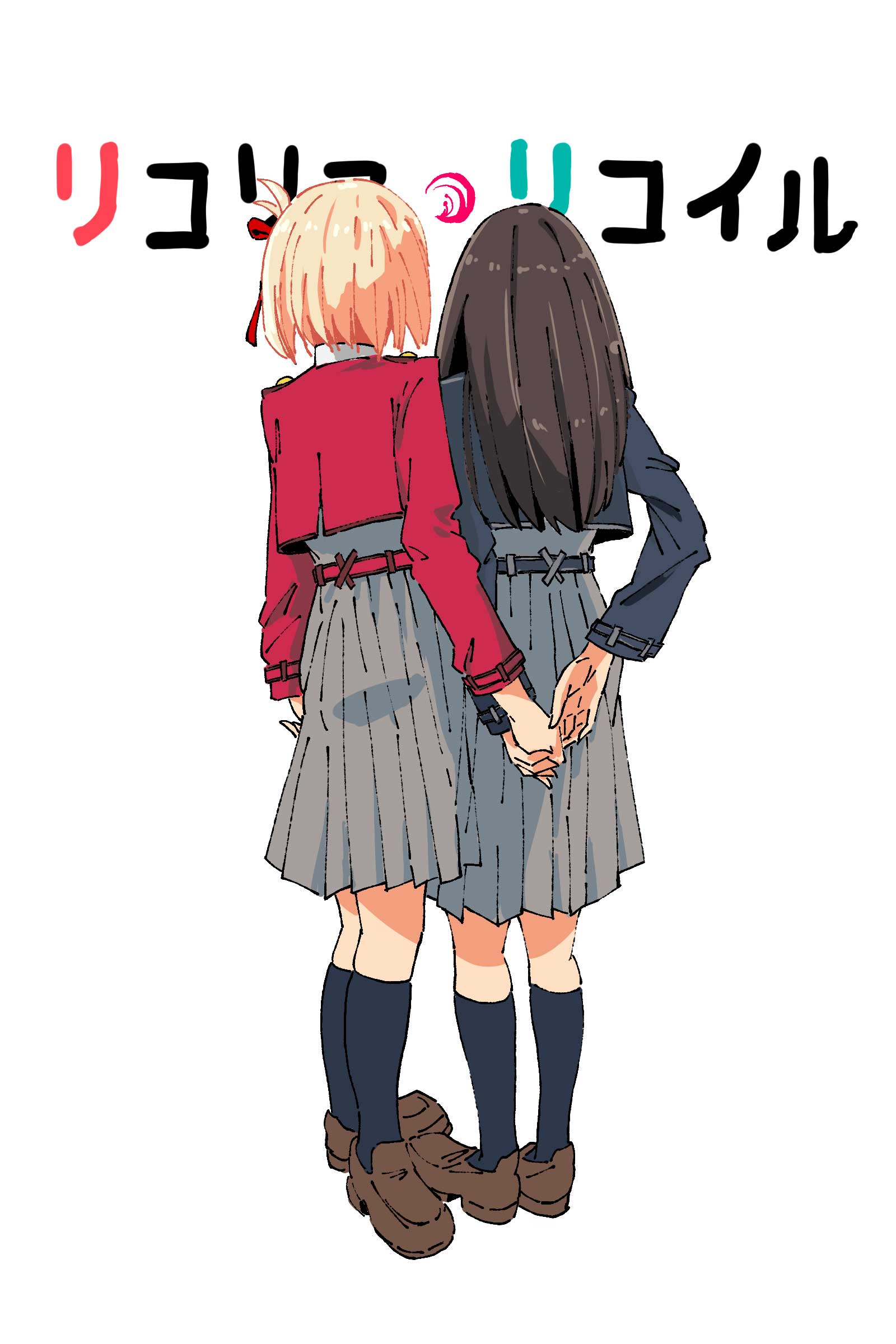 2girls, absurdres, back, black_socks, blonde_hair, brown_footwear, brown_hair, grey_background
