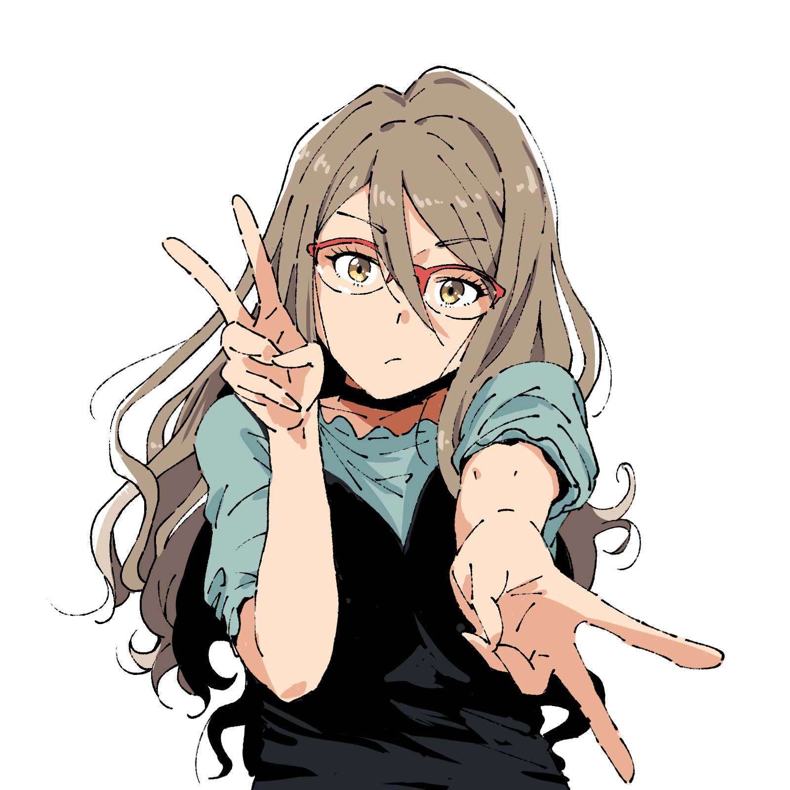 1girl, black_choker, brown_hair, choker, closed_mouth, double_v, eyelashes, glasses
