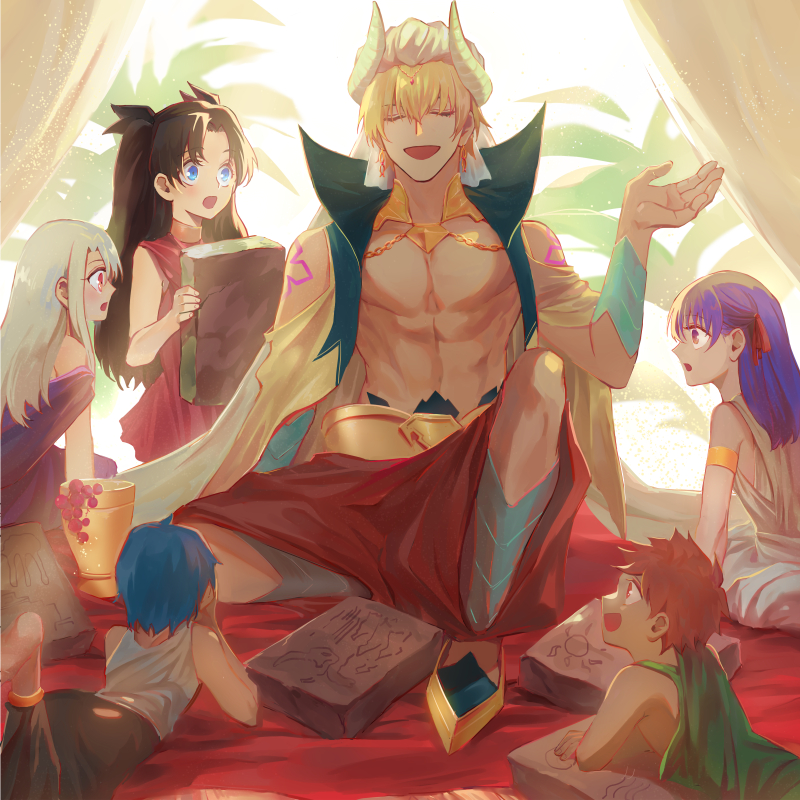3girls, :d, aged_down, arabian_clothes, arm_tattoo, armlet, blackirish1988, blue_eyes, blue_hair, closed_eyes, cropped_vest, cup, dress, emiya_shirou, fake_horns, fate/grand_order, fate_(series), gilgamesh_(caster)_(fate), gilgamesh_(fate), green_shirt, horned_headwear, horns, illyasviel_von_einzbern, matou_sakura, matou_shinji, multiple_girls, muscular, muscular_male, pink_eyes, purple_dress, purple_hair, red_dress, redhead, shirt, sitting, smile, stone_tablet, tattoo, tohsaka_rin, turban, vest, white_dress, white_hair, white_shirt