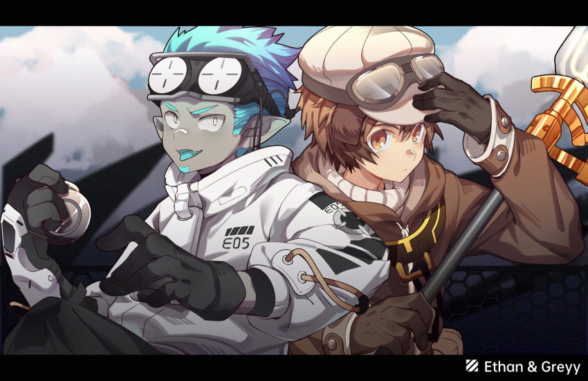 2boys, aqua_hair, arknights, back-to-back, bandaid, bandaid_on_face, bandaid_on_nose, black_gloves