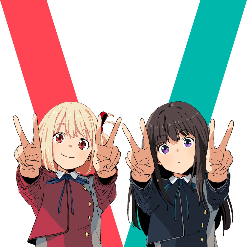 2girls, aqua_ribbon, blonde_hair, blue_necktie, brown_hair, closed_mouth, double_v, eyelashes