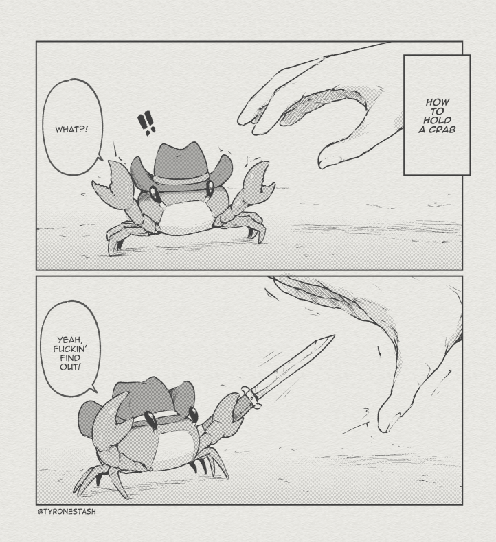 !, !!, 1other, at_knifepoint, cowboy_hat, crab, english_text, greyscale