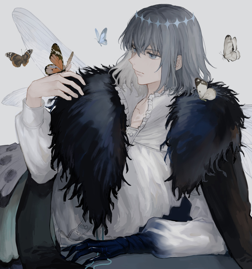 1boy, alternate_hair_color, arthropod_boy, bangs, blue_butterfly, blue_eyes, bug, butterfly