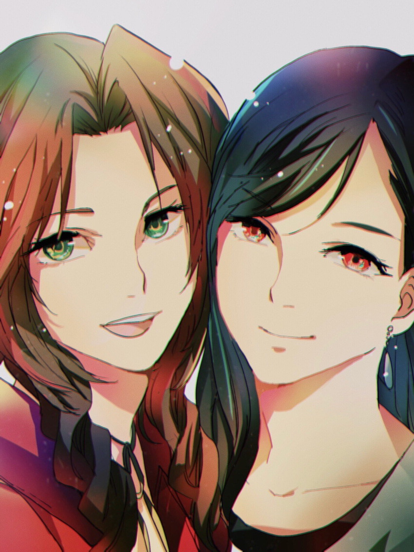 2girls, aerith_gainsborough, bangs, black_bra, black_hair, bombyxmori_ckr, bra, brown_hair, choker, chromatic_aberration, close-up, earrings, final_fantasy, final_fantasy_vii, final_fantasy_vii_remake, green_eyes, grey_background, highres, jacket, jewelry, long_hair, looking_at_viewer, multiple_girls, open_mouth, parted_bangs, red_eyes, red_jacket, shirt, sidelocks, smile, teeth, tifa_lockhart, underwear, upper_teeth, white_shirt