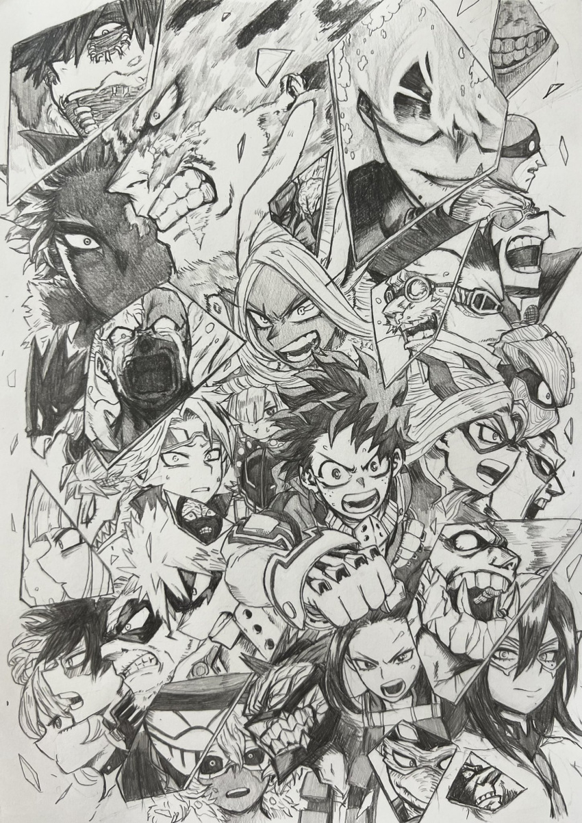 6+boys, 6+girls, animal_ears, animal_head, ashido_mina, bags_under_eyes, bakugou_katsuki, bangs, black_mask, black_sclera, bodysuit, boku_no_hero_academia, cheek_piercing, clenched_teeth, closed_mouth, colored_sclera, cropped_shoulders, cropped_torso, crying, dabi_(boku_no_hero_academia), dark-skinned_female, dark_skin, derivative_work, endeavor_(boku_no_hero_academia), eraser_head_(boku_no_hero_academia), everyone, eye_mask, facial_hair, freckles, goggles, goggles_on_head, gran_torino_(boku_no_hero_academia), graphite_(medium), greyscale, hadou_nejire, hair_between_eyes, hair_over_one_eye, hawks_(boku_no_hero_academia), highres, kaminari_denki, kamui_woods, kirishima_eijirou, komori_kinoko, looking_at_viewer, manga_panel_redraw, mask, midnight_(boku_no_hero_academia), midoriya_izuku, mirko, mole, monochrome, mount_lady, mr._compress, multicolored_hair, multiple_boys, multiple_girls, mustache, nagatomo1565, neck_brace, no_mouth, no_pupils, noumu_(boku_no_hero_academia), open_mouth, outstretched_arm, parted_lips, portrait, present_mic, profile, rabbit_ears, sanpaku, scar, scar_on_face, shaded_face, shards, short_hair, smile, spiky_hair, spinner_(boku_no_hero_academia), split-color_hair, spoilers, stitches, symbol-shaped_pupils, teeth, todoroki_shouto, toga_himiko, tokoyami_fumikage, traditional_media, twice_(boku_no_hero_academia), upper_body, white_mask, x-shaped_pupils, yaoyorozu_momo