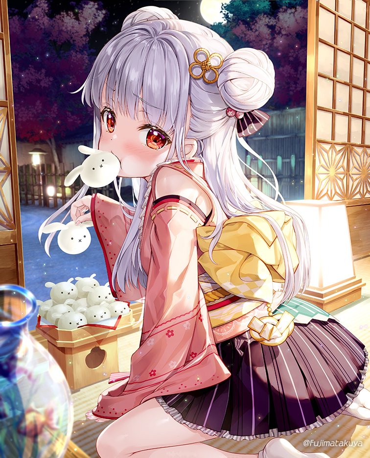 1girl, black_skirt, blurry, blurry_foreground, bow, commentary_request, depth_of_field, detached_sleeves, double_bun, eating, food, food_in_mouth, frilled_skirt, frills, from_side, fujima_takuya, full_moon, grey_hair, hair_bun, holding, holding_food, indoors, isekai_ni_tobasaretara_papa_ni_nattandaga, japanese_clothes, kimono, long_hair, long_sleeves, looking_at_viewer, looking_to_the_side, moon, mouth_hold, no_shoes, obi, orurea_(isepapa), pink_kimono, pink_sleeves, pleated_skirt, red_eyes, ribbon-trimmed_sleeves, ribbon_trim, sash, skirt, sleeveless, sleeveless_kimono, sleeves_past_wrists, socks, soles, solo, tabi, twitter_username, very_long_hair, white_socks, wide_sleeves, yellow_bow