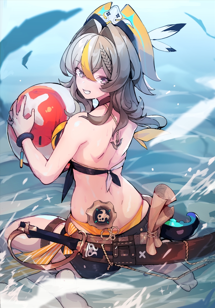 1girl, alternate_costume, ball, beachball, belt, bikini, braid, brown_belt, gears, grey_eyes, hat, hat_feather, honkai_(series), honkai_impact_3rd, multicolored_hair, orange_bikini, pirate_hat, sheath, sheathed, sitting, smile, solo, summer, swimsuit, sword, tentacles, treasure_map, vill-v, wading, wariza, weapon, wristband, wu-qiao