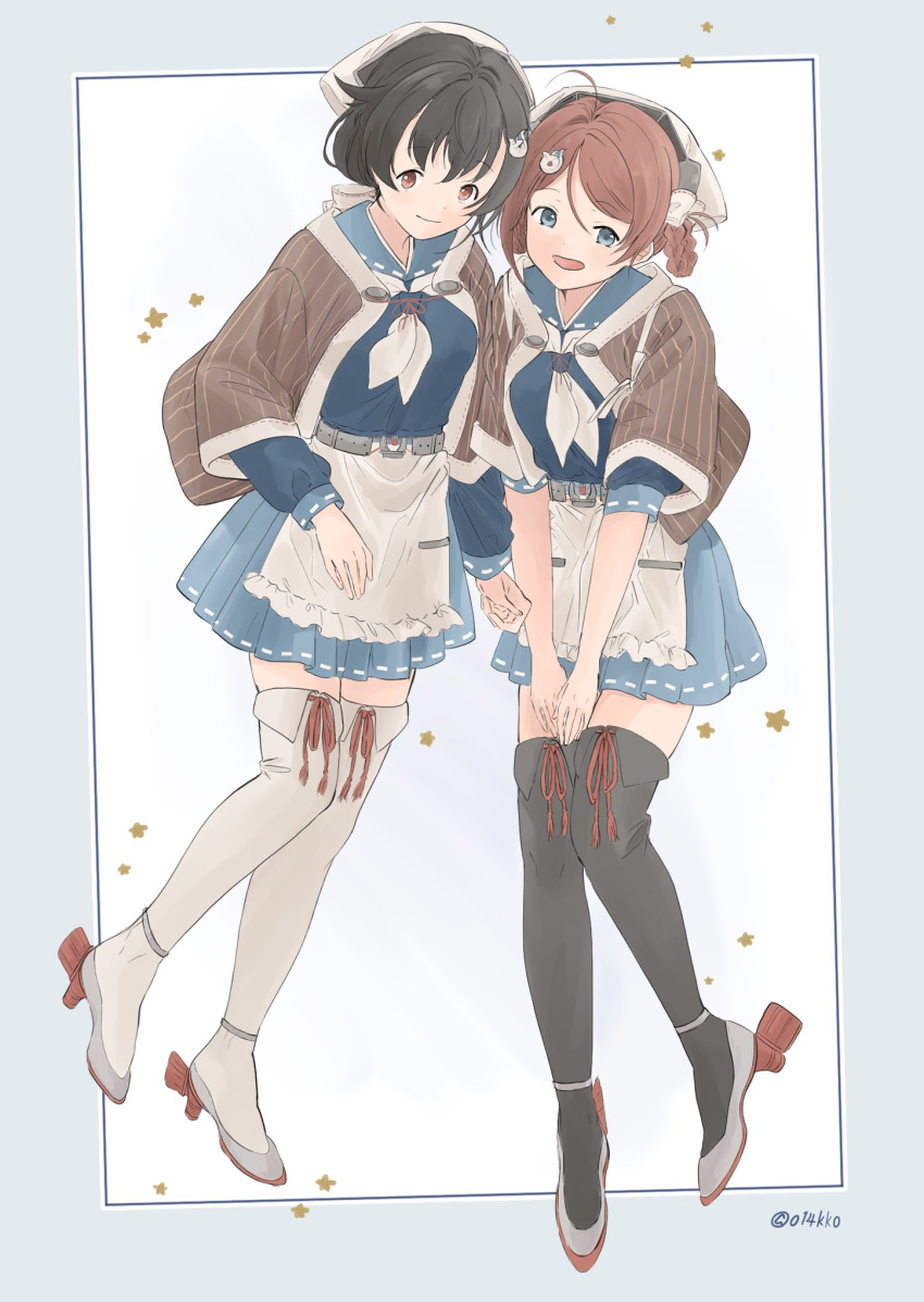2girls, apron, bandana, bangs, black_hair, black_thighhighs, blue_eyes, brown_hair