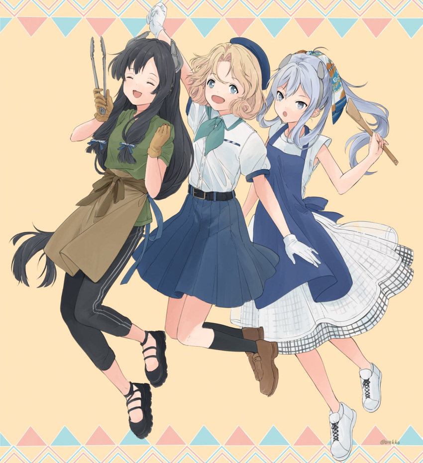 3girls, apron, arms_up, bangs, beret, black_footwear, black_hair, black_pants