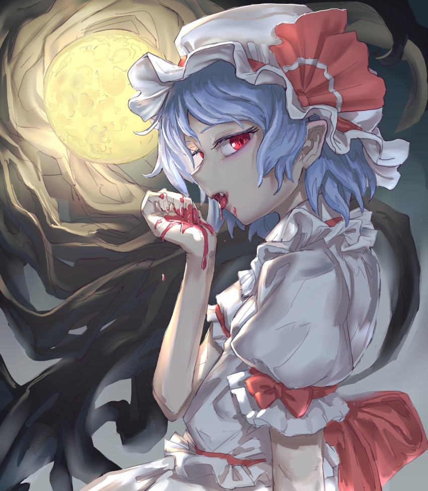 1girl, absurdres, bangs, bat_wings, black_wings, blood, blue_hair, bow