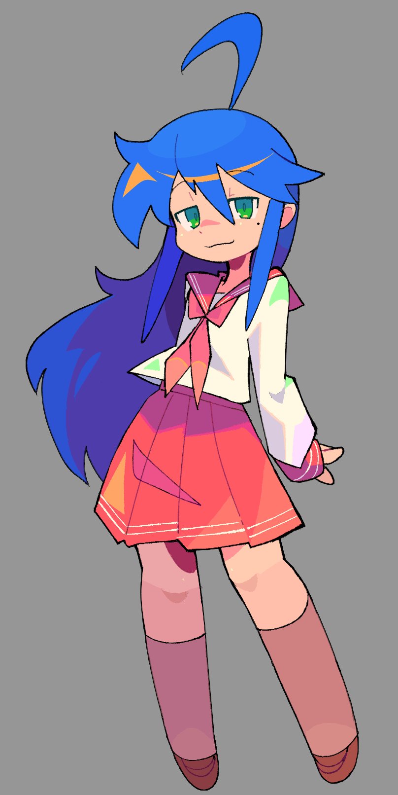 1girl, :3, ahoge, arms_behind_back, bacun, bangs, blue_hair, bright_pupils