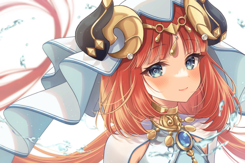 1girl, bangs, blue_eyes, blush, brooch, closed_mouth, floating_hair, forehead_jewel