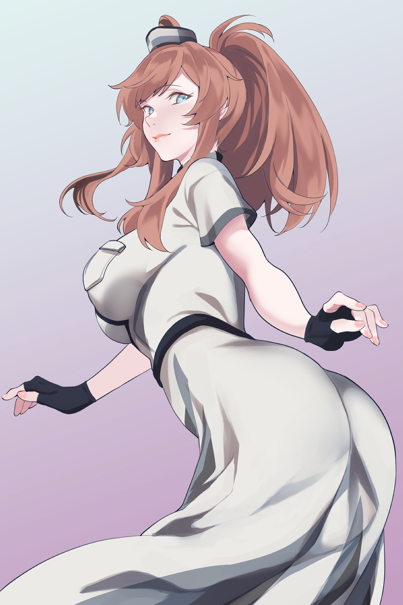 1girl, black_gloves, breast_pocket, breasts, brown_hair, cowboy_shot, dress, fingerless_gloves