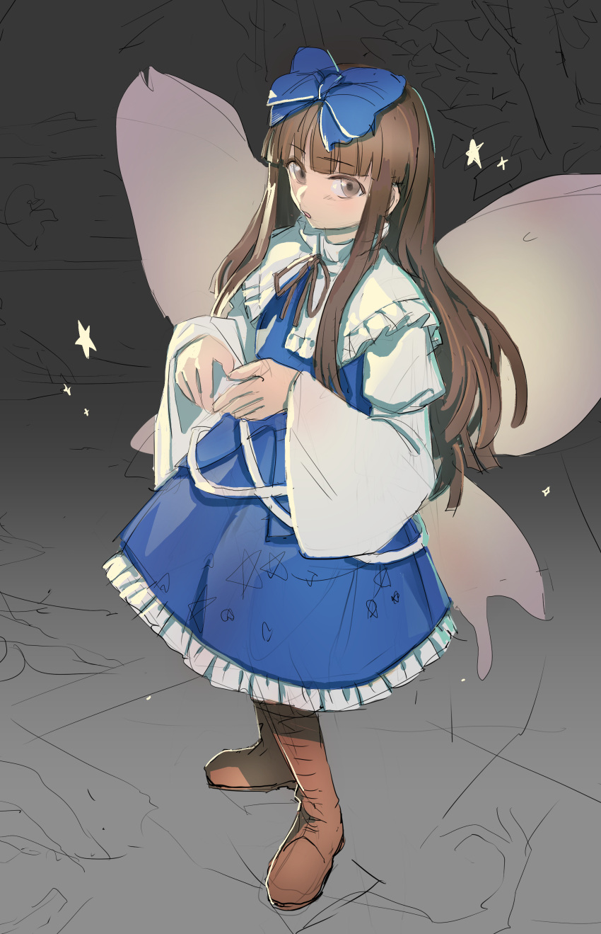 1girl, absurdres, bangs, blue_dress, blunt_bangs, blush, boots, bow