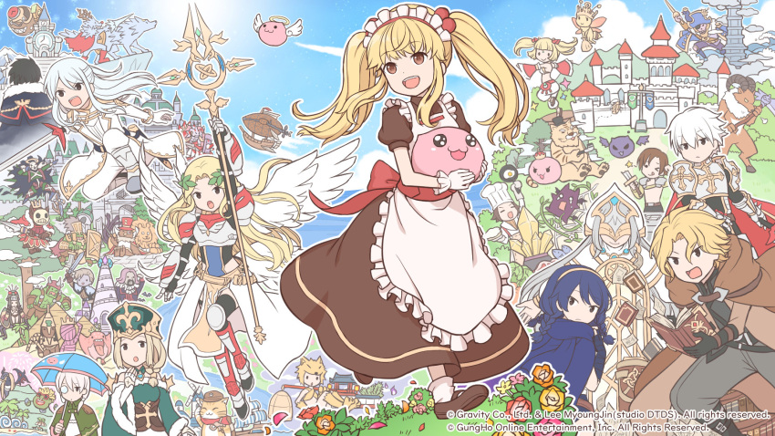 >_o, 6+boys, 6+girls, :3, :q, aircraft, airship, angel, angel_wings, angeling, apron, armor, bangs, baphomet_(ragnarok_online), beach, bee, bell, bird, black_eyes, black_footwear, black_hair, black_shirt, blonde_hair, blood, bloody_knight, blue_cape, blue_eyes, blue_sleeves, blunt_bangs, boat, book, boots, breastplate, broken, broken_sword, broken_weapon, brown_cape, brown_dress, brown_footwear, brown_hair, bug, bush, cactus, cape, castle, chainmail, character_request, chef_hat, chimera_(ragnarok_online), closed_eyes, closed_mouth, coat, colored_skin, commentary_request, cross, curly_sue, dancer_(ragnarok_online), dark_lord_(ragnarok_online), day, demon, detached_sleeves, deviruchi, doppelganger_(ragnarok_online), dracula_(ragnarok_online), drake_(ragnarok_online), dress, eddga, emperium, expressionless, facial_hair, fingerless_gloves, fish, flag, fox_hat, fried_egg, full_body, fur-trimmed_sleeves, fur_trim, gauntlets, gloves, goatee, goblin_leader, golden_thief_bug, green_skin, grey_hair, grey_pants, halo, hat, hatii_(ragnarok_online), head_wreath, heinrich_(ragnarok_online), highres, holding, holding_book, holding_polearm, holding_scythe, holding_smoking_pipe, holding_staff, holding_sword, holding_weapon, horong_(ragnarok_online), ice, kafra_uniform, leg_armor, long_hair, looking_at_viewer, lord_knight_(ragnarok_online), magnolia_(ragnarok_online), maid, maid_headdress, mary_janes, mask, maya_(ragnarok_online), medium_hair, mistress_(ragnarok_online), mitre, monster, moonlight_flower, multiple_boys, multiple_girls, mummy, mutant_dragonoid, mysteltainn_(ragnarok_online), natsuya_(kuttuki), official_art, official_wallpaper, one_eye_closed, open_mouth, orc, orc_hero, orc_lord, osiris_(ragnarok_online), owl, owl_baron, palm_tree, pants, pauldrons, pharaoh_(ragnarok_online), phreeoni, plant, polearm, poring, puffy_short_sleeves, puffy_sleeves, pyramid_(structure), quad_tails, ragnarok_online, ragnarok_origin, red_cape, red_footwear, red_sash, sand, sash, scythe, seyren_windsor, ship, shirt, shoes, short_hair, short_sleeves, shoulder_armor, shrine, silk, slime_(creature), slime_(substance), smile, smoking_pipe, socks, spider_web, spiked_gauntlets, staff, stormy_knight, summoner_(ragnarok_online), sun, sword, swordsman_(ragnarok_online), tabard, tao_gunka, tehepero, tiger, time_holder, tongue, tongue_out, top_hat, tree, twintails, umbrella, undead, valkyrie_(ragnarok_online), varmunt, vines, water, watercraft, weapon, white_apron, white_coat, white_footwear, white_gloves, white_hair, white_pants, white_socks, white_wings, wings, wolf