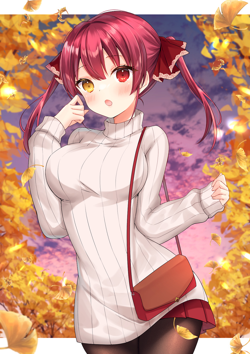 1girl, :o, alternate_costume, autumn, bag, blush, breasts, cowboy_shot