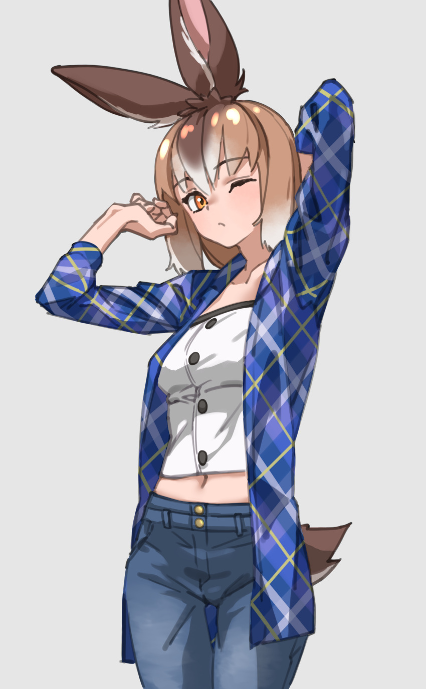 1girl, absurdres, alternate_costume, animal_ears, arm_behind_head, arm_up, bangs, breasts