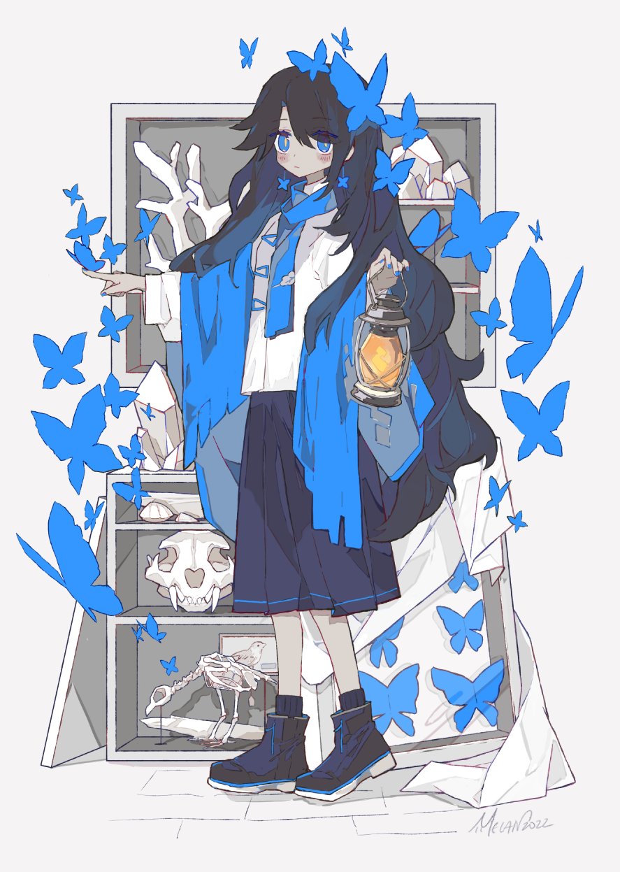 1girl, artist_name, bangs, black_hair, blue_butterfly, blue_eyes, blue_footwear, blue_hair