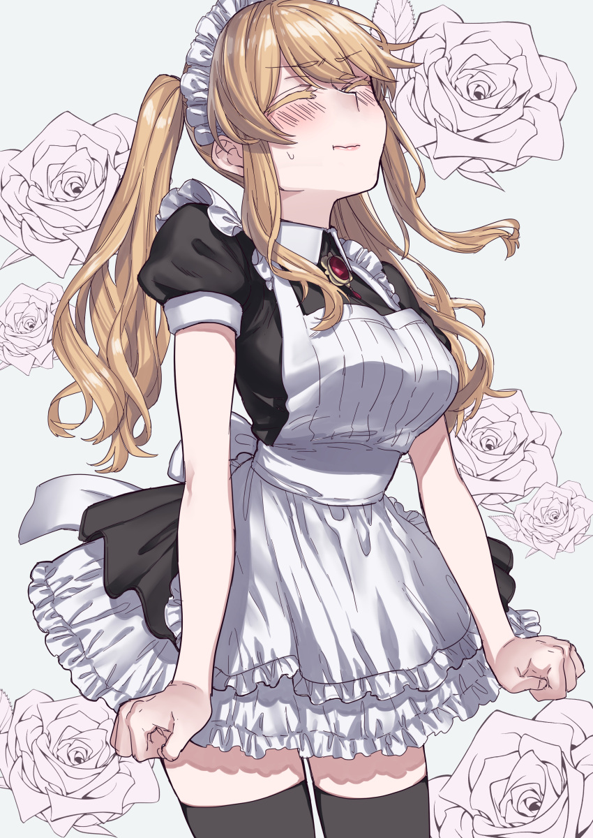 1girl, absurdres, alternate_hairstyle, apron, bangs, black_thighhighs, blonde_hair, blush