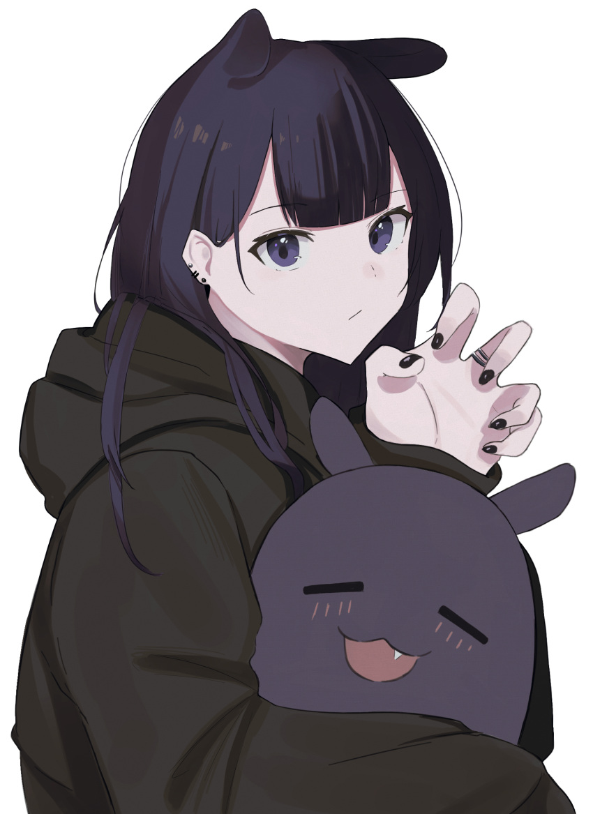 1girl, :3, =_=, black_hair, ear_piercing, fang, highres, hololive, hololive_english, hood, hooded_jacket, jacket, jewelry, ku_roiko, looking_at_viewer, nail_polish, ninomae_ina'nis, open_mouth, piercing, ring, smile, solo, takodachi_(ninomae_ina'nis), upper_body, violet_eyes, virtual_youtuber