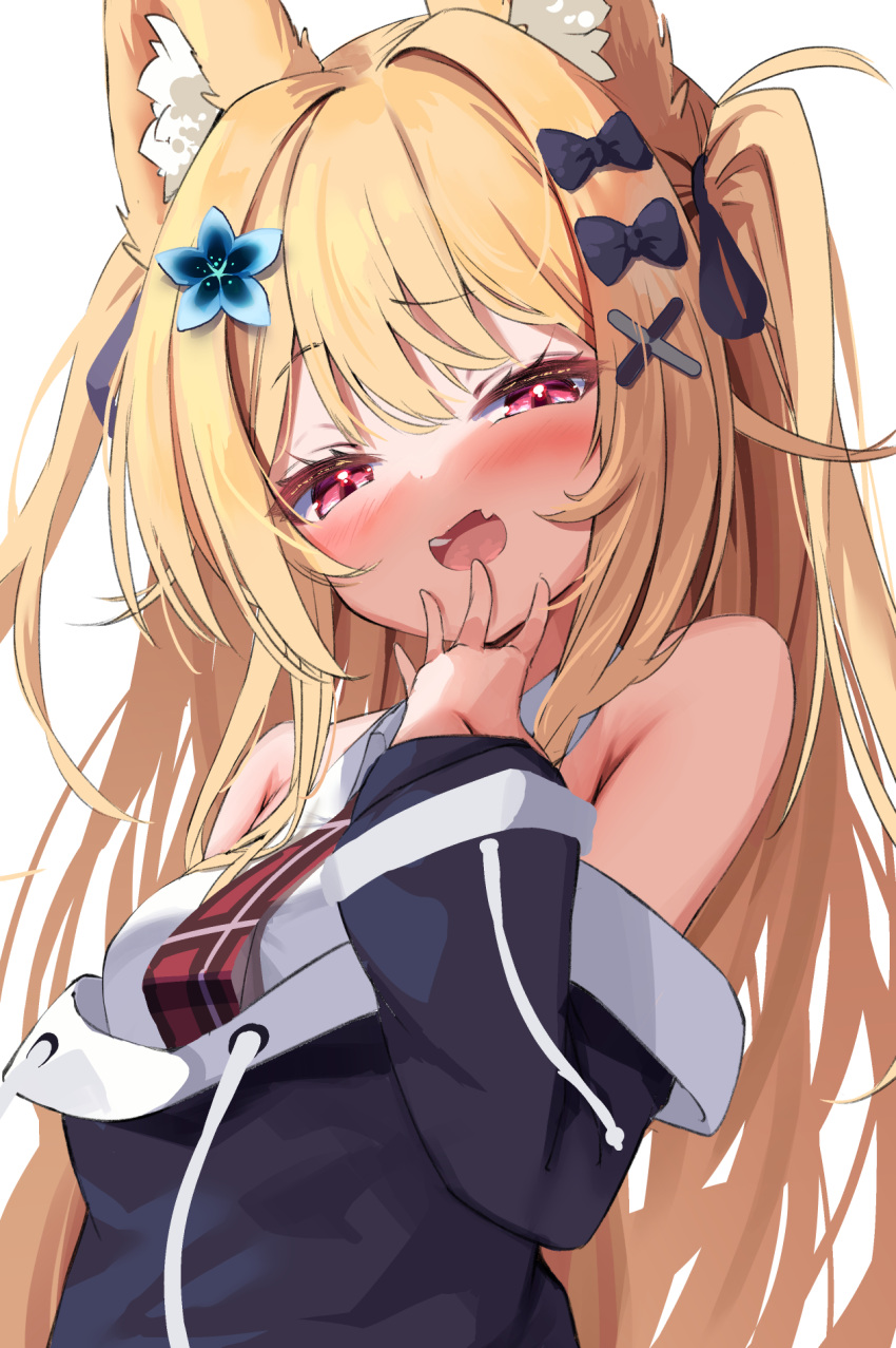 1girl, :d, animal_ears, bare_shoulders, blonde_hair, bow, breasts, fang