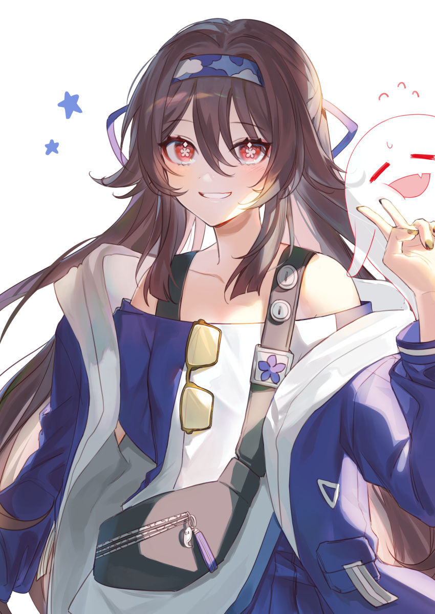 1girl, absurdres, alternate_costume, bangs, belt_bag, black_nails, blue_hairband, blue_jacket