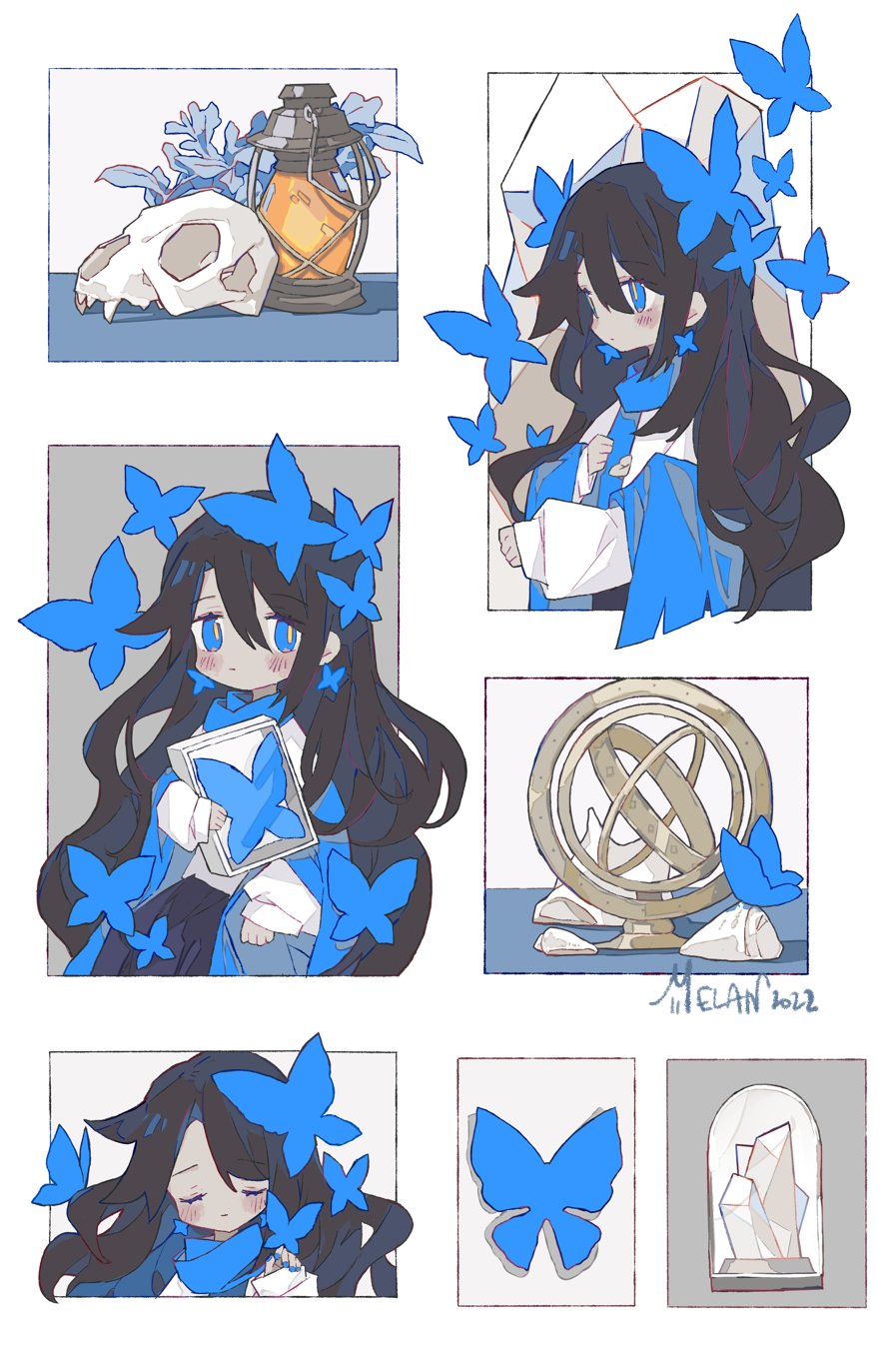 1girl, artist_name, bangs, black_hair, blue_butterfly, blue_eyes, blue_hair, blue_nails