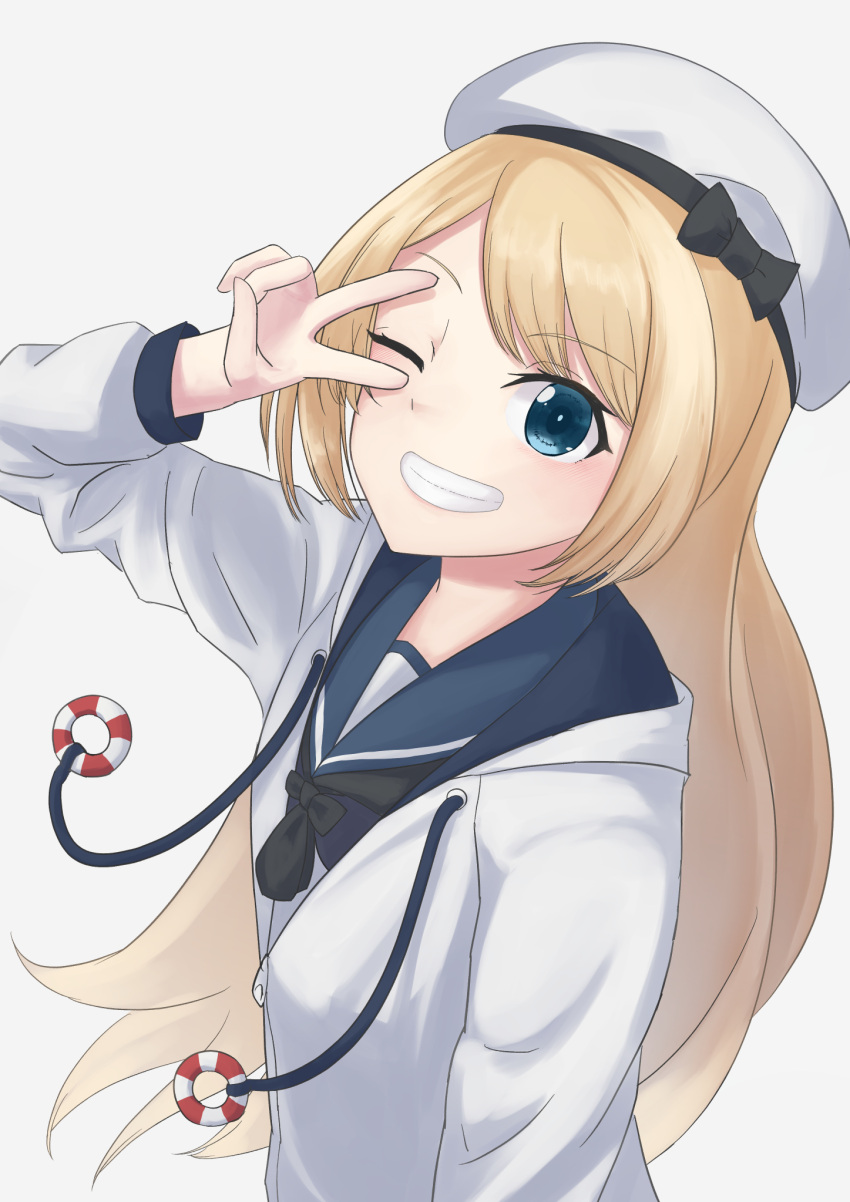 1girl, blonde_hair, blue_eyes, blue_sailor_collar, blush, grin, hat, highres
