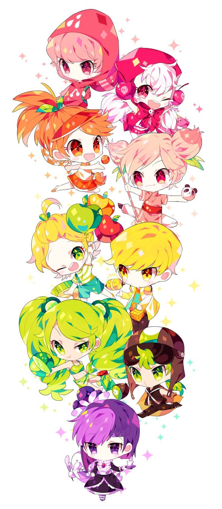 2boys, 7+girls, 7girls, apple_cookie, blackberry_cookie, blonde_hair, cherry_cookie, chibi