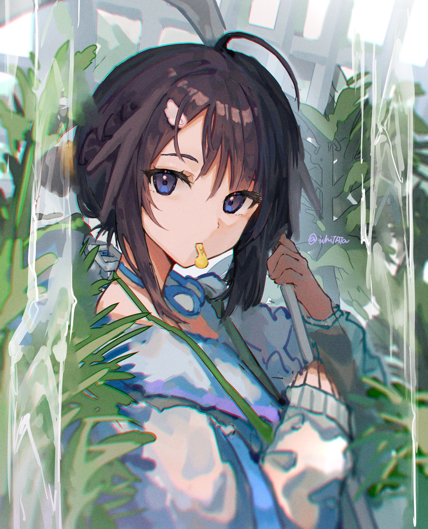1girl, ahoge, arknights, bangs, black_hair, blue_eyes, from_side, goggles