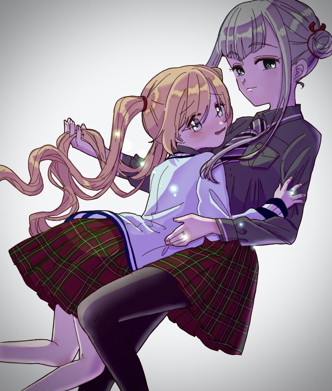 2girls, bangs, black_pantyhose, blue_eyes, blue_jacket, blunt_bangs, blush, breast_pocket
