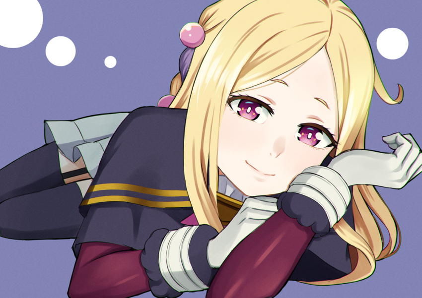 1girl, black_thighhighs, blonde_hair, easy_(aqk7bdqt), gloves, long_hair, looking_at_viewer, lying, mahoutsukai_reimeiki, on_side, pink_eyes, roux_christasse, simple_background, smile, solo, thigh-highs