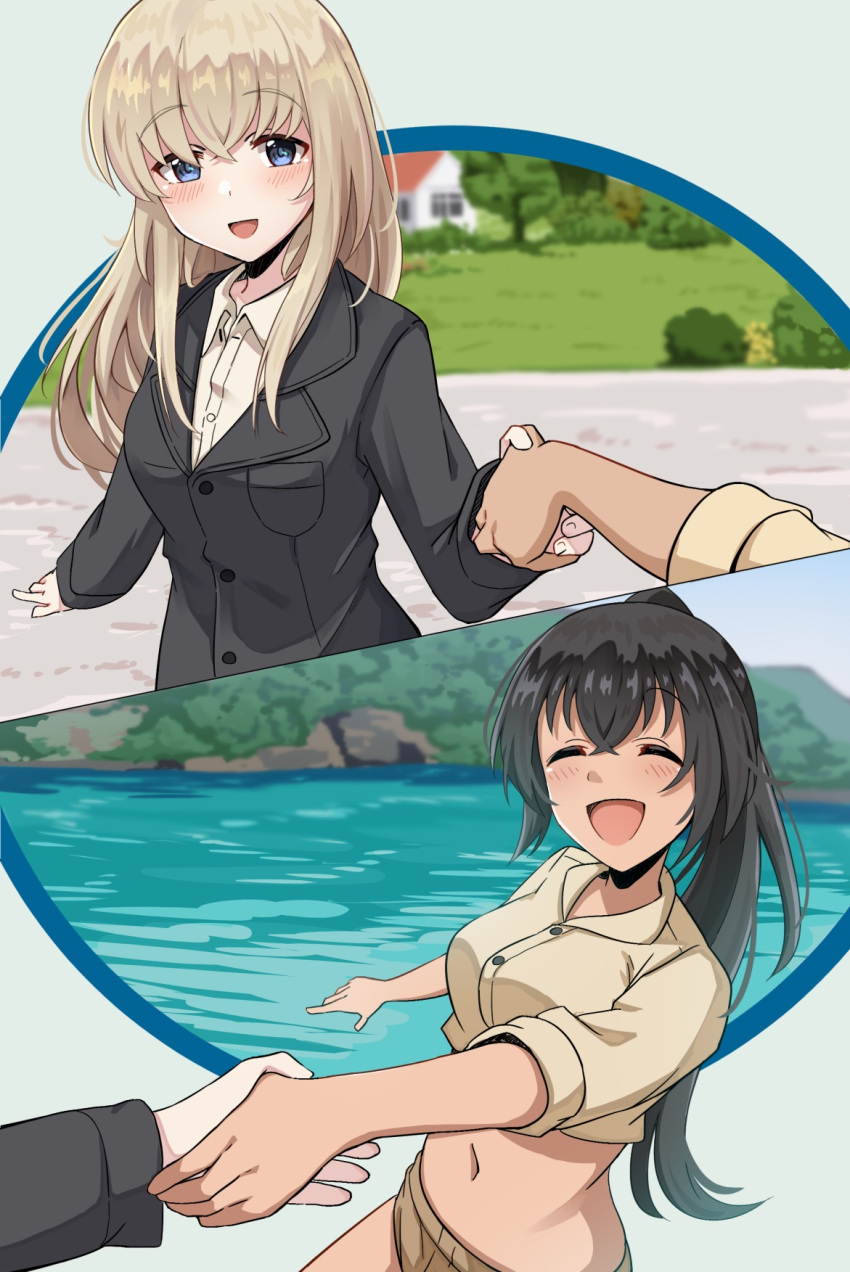 2girls, black_hair, blonde_hair, blue_eyes, blush, breasts, brown_shorts, closed_eyes