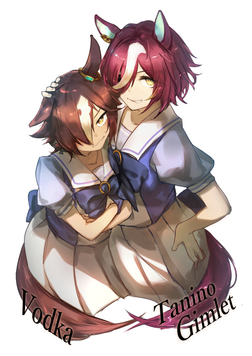 2girls, :d, bangs, bow, bowtie, brown_eyes, brown_hair, character_name