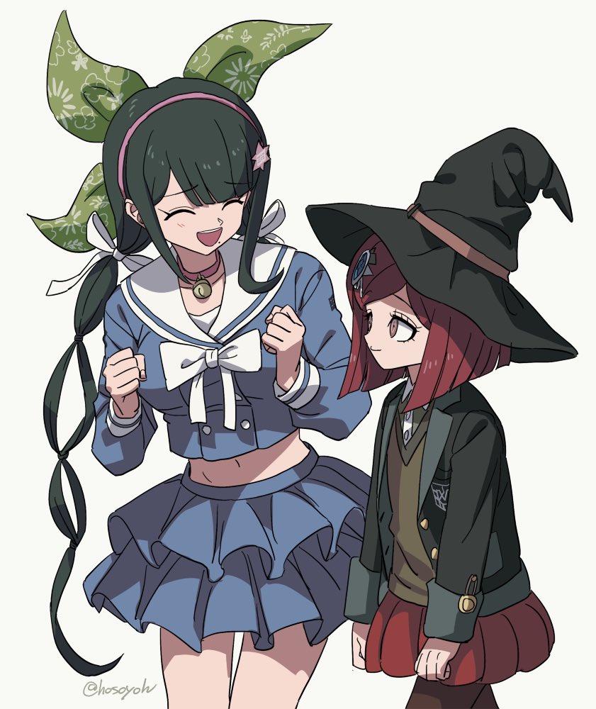 2girls, :d, arms_at_sides, bangs, black_hair, black_headwear, black_jacket, breasts, brown_pantyhose, chabashira_tenko, clenched_hands, cowboy_shot, danganronpa_(series), danganronpa_v3:_killing_harmony, from_side, hair_ornament, hair_ribbon, hairband, hairclip, hands_up, hat, hosodayo, jacket, large_breasts, layered_skirt, long_hair, long_sleeves, looking_at_another, midriff, miniskirt, mole, mole_under_mouth, multiple_girls, navel, open_mouth, pantyhose, pleated_skirt, red_eyes, red_skirt, redhead, ribbon, school_uniform, serafuku, shirt, short_hair, skirt, smile, stomach, teeth, twintails, upper_teeth, witch_hat, yumeno_himiko