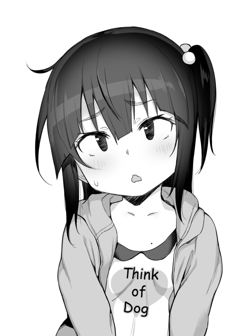 1girl, atte_nanakusa, blush, child, clothes_writing, greyscale, hair_bobbles, hair_ornament