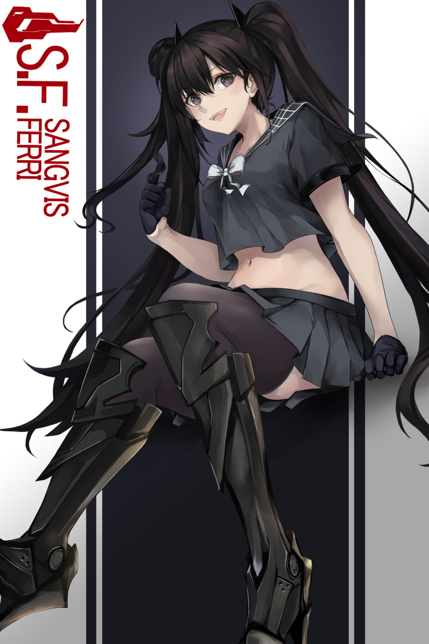 1girl, absurdres, black_eyes, black_gloves, black_hair, black_serafuku, black_shirt, black_skirt