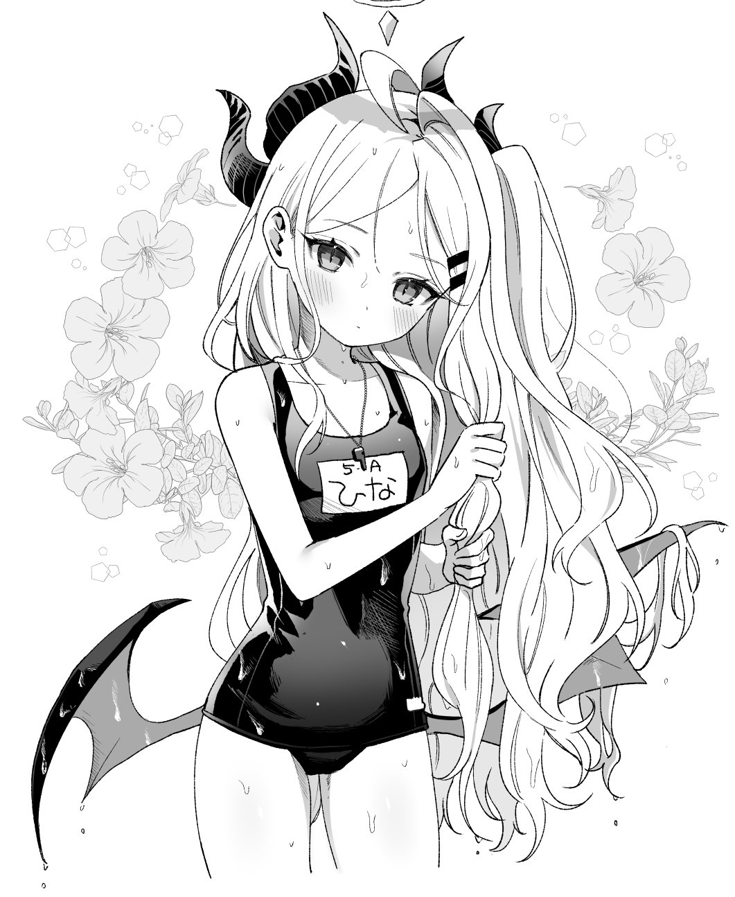 ahoge, bangs, blue_archive, demon_horns, demon_wings, flower, greyscale, hair_ornament