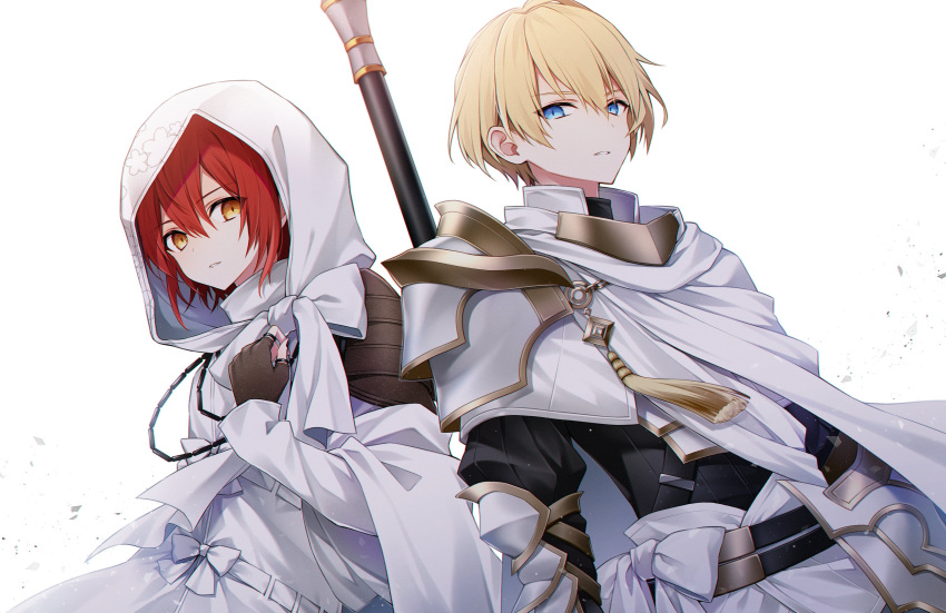 2boys, absurdres, armor, belt, black_belt, black_nails, black_shirt, blonde_hair