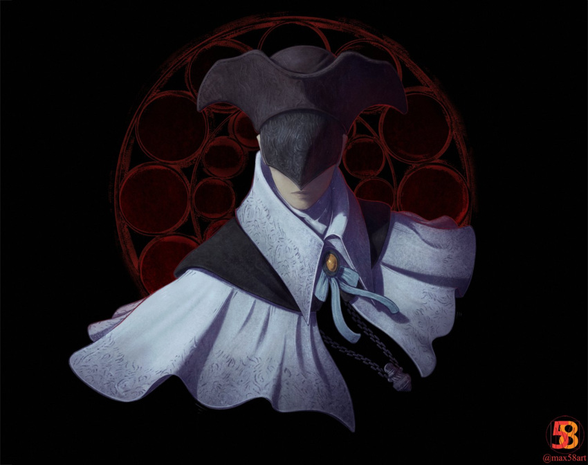 1girl, black_headwear, bloodborne, capelet, closed_mouth, covered_eyes, facing_viewer, hat